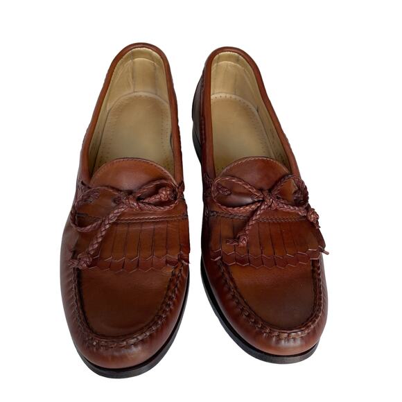 Men's Allen‎ Edmonds Woodstock Brown Leather Kiltie Tie Braid Loafers Shoes 8.5B - Picture 1 of 14